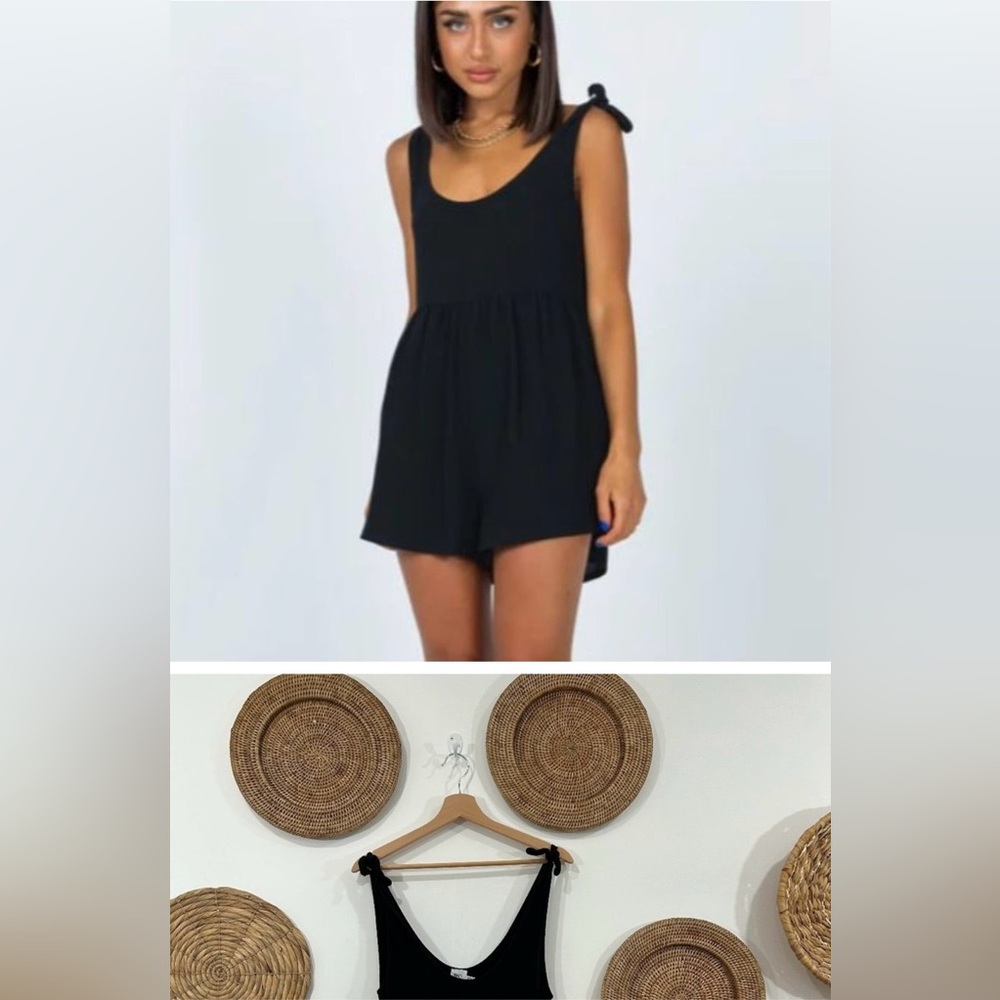Princess Polly Neutral Black Linen Blend Tie Shoulder Tay Romper Shorts 8